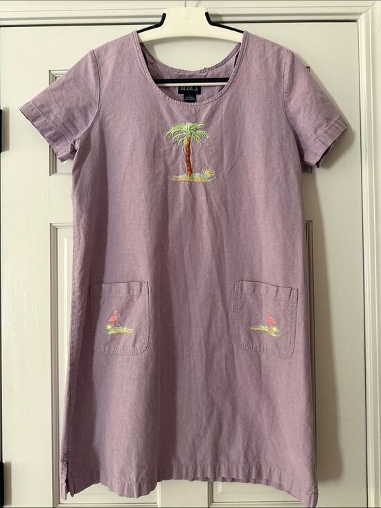 Blue Jay Dresses & Skirts - Blue J. Lilac Shift Midi Dress Embroidered Palm Pockets Scoop Neck M 100% Cotton